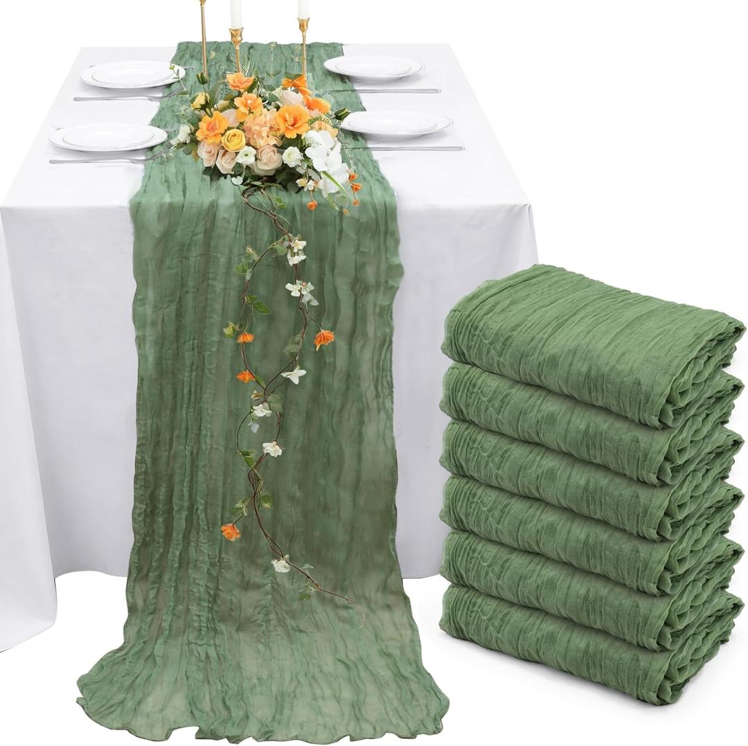 INVGEEXI 6 Pack Sage Green Cheesecloth Table Runners 35" x 120", Boho Rustic Farmhouse 10FT Gauze Table Runner for Wedding Baby Shower Birthday Party Holiday Decor
