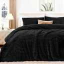 EXQ Home Fluffy Comforter Set Queen Size - Super Soft Faux Fur Stripe Jacquard Comforter 3 Pieces, Black Fleece Bedding Set,Winter Warm Bed Set,1 Comforter with 2 Pillowcases
