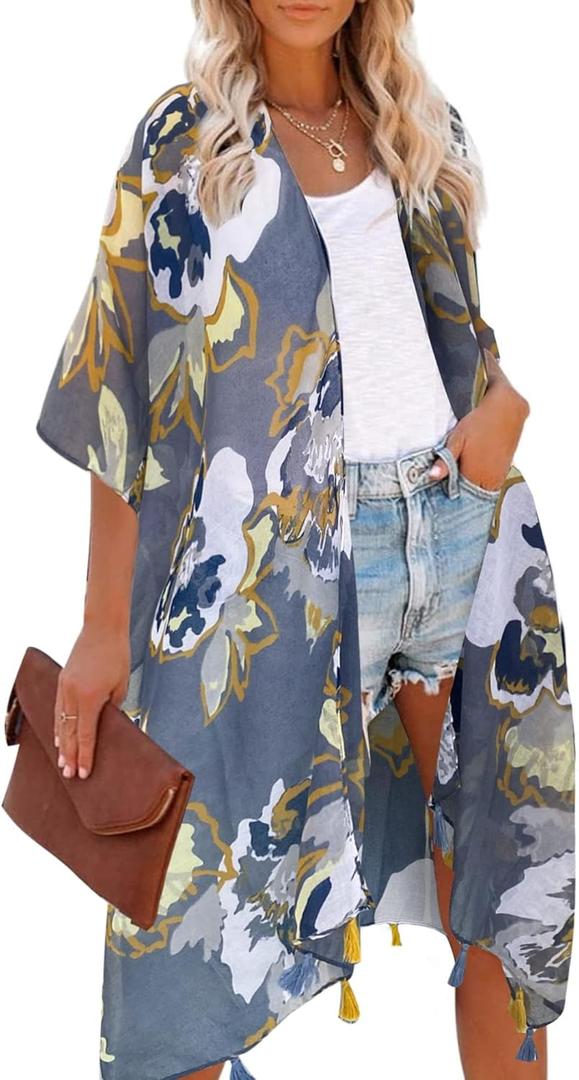 Moss Rose Women's Beach Cover up Swimsuit Kimono Cardigan with Bohemian Floral Print (Dusty Blue Garden)