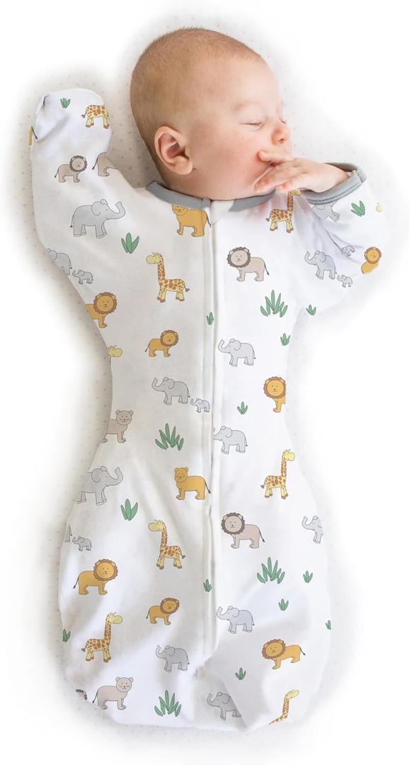 Amazing Baby Transitional Swaddle Sack, Arms Up Half-Length Sleeves & Mitten Cuffs, Swaddle for Newborn Transition to Baby Sleep Sack Wearable Blanket, Small, 0-3 Month, 6-14 lb, On Safari