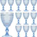 Vintage Wine Glasses Set of 12, 10 oz Glass Goblets Wine Glassware, Romantic Wedding Glass Set, Embossed Drinking Stemware Beverage Cups for Wedding Party Bar, Blue