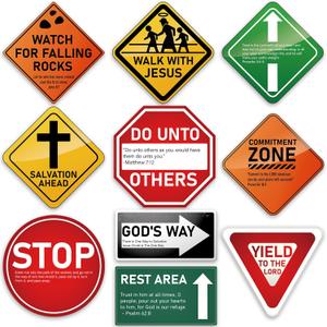 Frienda 10 Pcs Christian Road Sign VBS Road Trip Decorations Paper Religious Bulletin Board Cutouts Construction Party for Halloween Trunk or Treat Classroom Bible Sunday School Church Decor