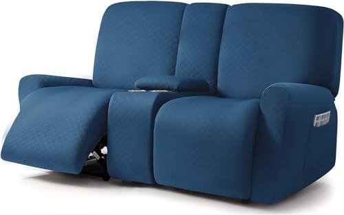 ULTICOR Squared Jacquard Design Reclining Loveseat with Middle Console Slipcover, 8-Piece Stretch Sofa Covers, 2 seat Loveseat Recliner Cover, Washable (Loveseat with Console Recliner Cover, Navy)