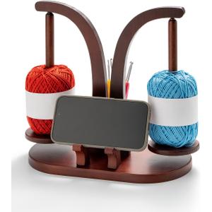 CENLYIN Yarn Holder for Crocheting & Knitting with Dual-Leg Phone/Tablet Stand, Wooden Yarn Spinner, Crochet Hook Storage Cylinder, Anti-Slip Base,for Yarn Lovers (Brown)