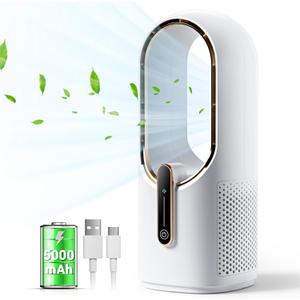 KONSIDEN Bladeless Desk Fan, 11.8 Inch Small Rechargeable Fan, Quiet Office Fan, 3 Speeds, Touch Control, Easy to Clean, Desk Fan Small Quiet, Ideal for Home, Office, Travel (White/Gold, With Battery)