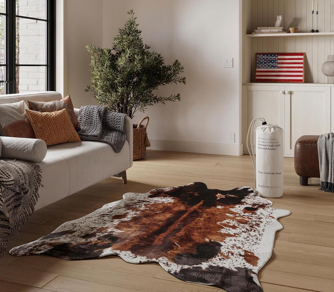 NativeSkins Faux Cowhide Rug 6'3" x 8'2" Brown Cow Print Area Rug for Living Room & Bedroom Non-Shedding, Flat-Lay, Pet-Friendly Faux Suede Grip Backing Vegan Western Farmhouse Decor
