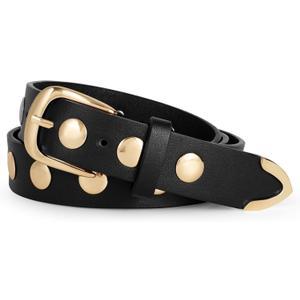 WERFORU Women Fashion Leather Belt Studded Leather Belt Ladies Belts for Jeans Dress Punk Belt (25"-30" Waist Adjustable, A-black-gold)