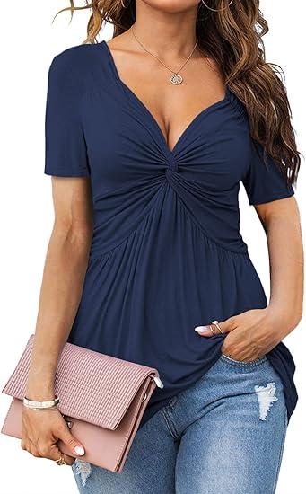 Tankaneo Womens Front Knotted V-Neck Blouse T Shirt Short Sleeve Oversized Tunic Tops Summer Solid Pullover Tees XL