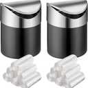 2 Pcs Desk Can with Swing Lids, 12 Rolls of Bags, 2L Brushed Stainless Steel Countertop Garbage Bin Small Wastebasket with Lid for Office Desk, Coffee Table(Matte Black)