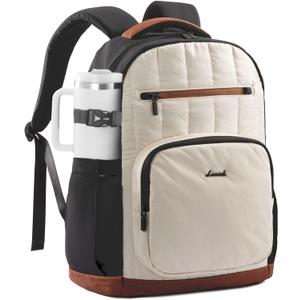 LOVEVOOK Laptop Backpack for Women with Giant Tumbler Holder Pocket,15.6 Inch Puffer Travel College Work Backpack Purse for Teacher Nurse,Casual Laptop Bag Computer Back Pack Daypack,White-Black-Brown