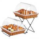 2 Pack Bread Basket Serving Display Tray 13x10.6 In with Clear Roll Top Cover and Metal Display Stand for Snacks Cookies Bakery Pastry Display Rack