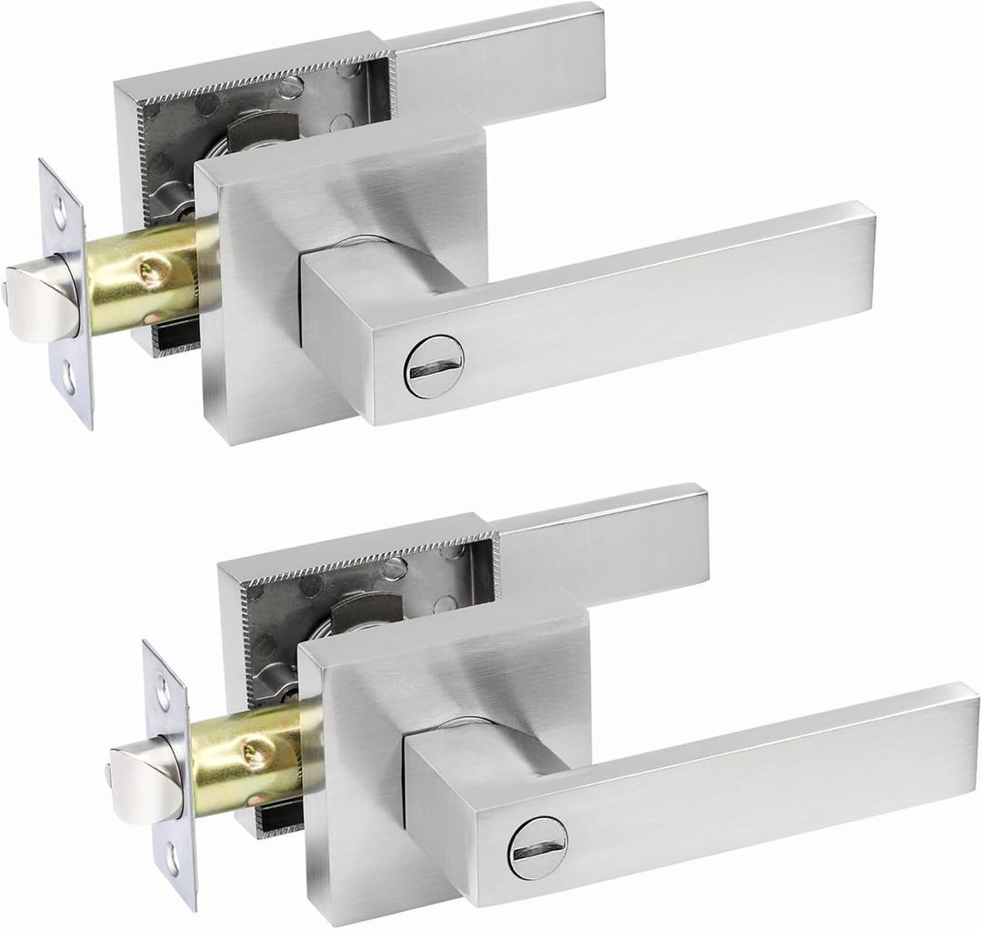 JO.KO 2 Pack Keyless Entry Door Lock, Square Door Lever for Bedroom, Passage Door Privacy Locking Interior/Exterior Entry Door Knob/Heavy Duty (Satin Nickel Keyless)