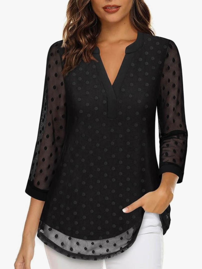 Timeson Women's 3/4 Sleeve Blouses Casual V Neck Dress Shirts Double Layers Mesh Tunics Tops, Size XL