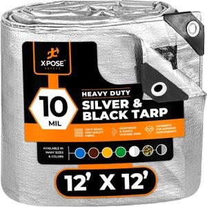 Heavy Duty Poly Tarp - 12' X 12' -10 Mil Thick Waterproof, UV Blocking Protective Cover - Reversible Silver and Black - Laminated Coating - Grommets - by Xpose Safety
