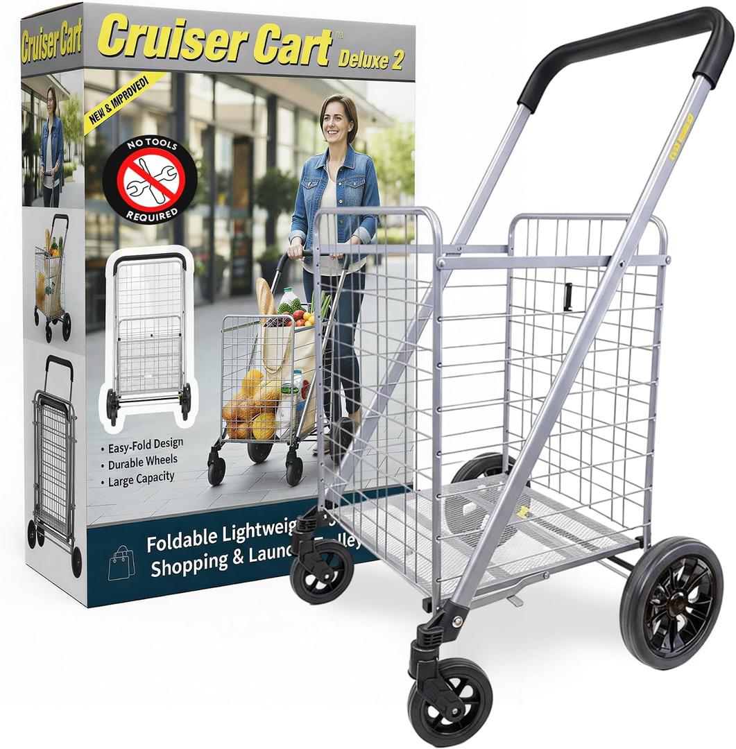 dbest Products Cruiser Cart Deluxe 2 - Foldable Shopping Cart with Wheels & Brake System - Heavy Duty Collapsible Utility Cart for Groceries & Laundry - Holds 100 lbs - Silver, Alloy Steel