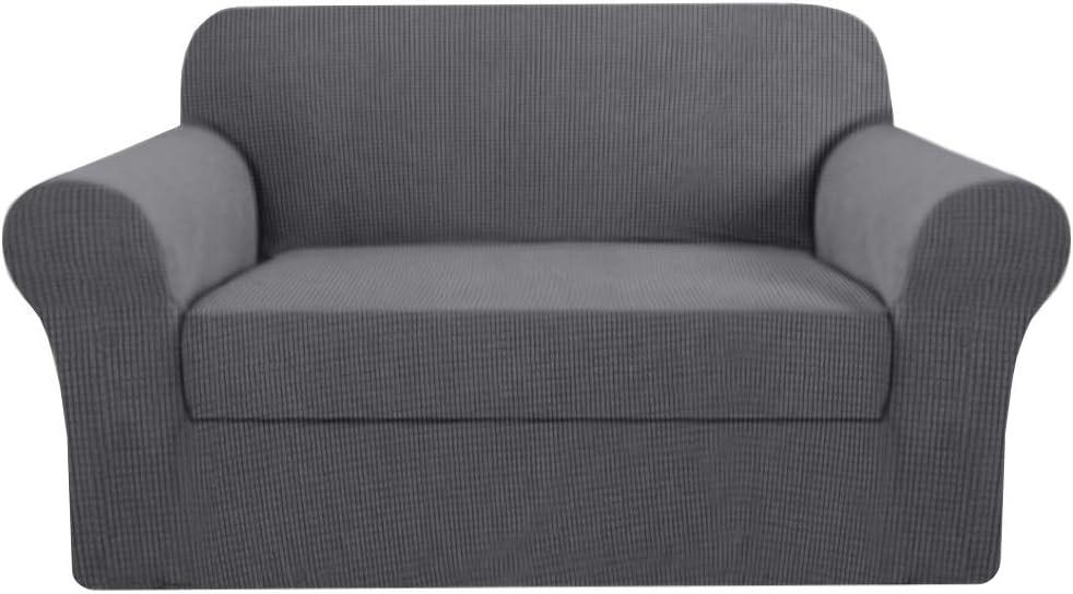 H.VERSAILTEX High Stretch Rich Jacquard 2-Piece Loveseat Slipcover/Furniture Covers for Loveseat with Elastic Bottom, Suit for T Cushion/Box Cushion Spandex Jacquard Fabric, Charcoal Gray