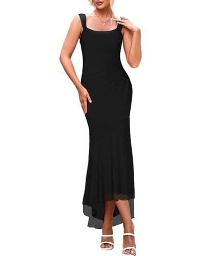 Lrady Women's Sleeveless Ruffle Cocktail Party Maxi Bodycon Vacation Dresses Long Formal Wedding Guest Dress, Black, X-Large