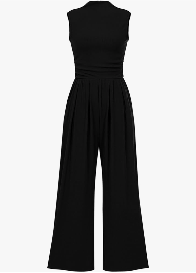 PRETTYGARDEN Womens Summer Jumpsuits Dressy Casual One Piece Outfits Sleeveless Mock Neck Wide Leg Pants Rompers with Pockets, Large
