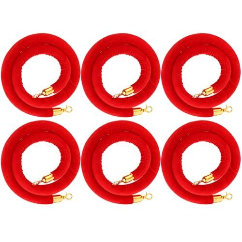 Woanger 6 Pack Velvet Stanchion Rope, 5 Feet Crowd Control Stanchion Ropes Safety Barrier with Gold Plated Hook for Carpet Events Movie Theaters Grand Openings Hotels Party (Red)