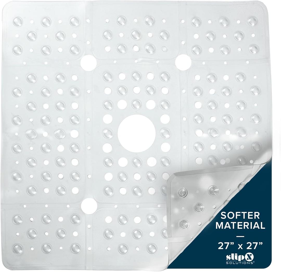 SlipX Solutions 27" Oversize Square Shower Mat, Non-Slip Mat for Elderly & Kids, 100+ Power Grip Suction Cups for Smooth Surfaces, Machine Washable, Clear