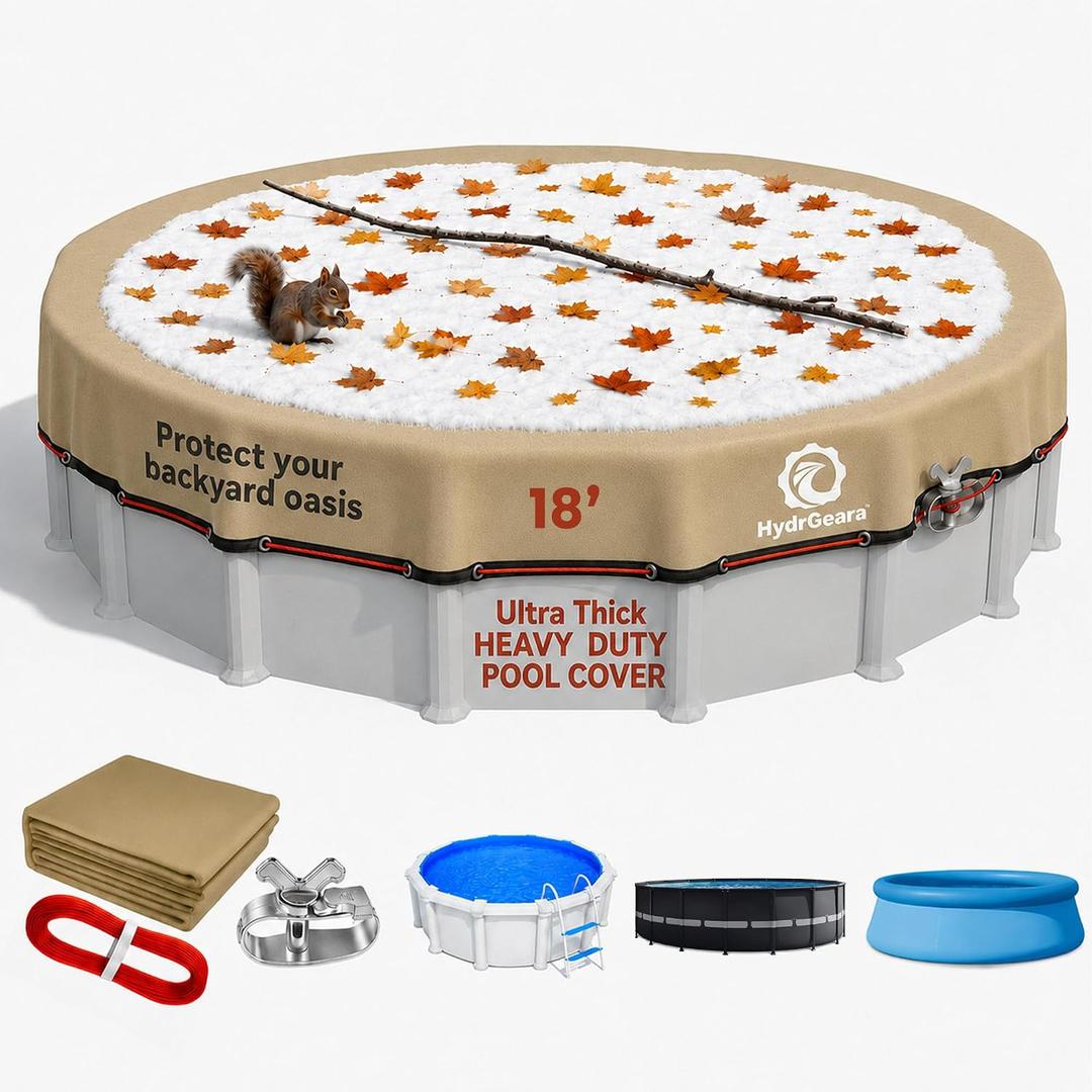 [Ultra Thick] 18FT Round Winter Pool Covers for Above Ground Pool Covers Easy Install 195GSM 500D,UV & Tear Resistant, Upgraded Heavy-Duty Winch, Reinforced Edges,Extra 4Ft Overlap Beige