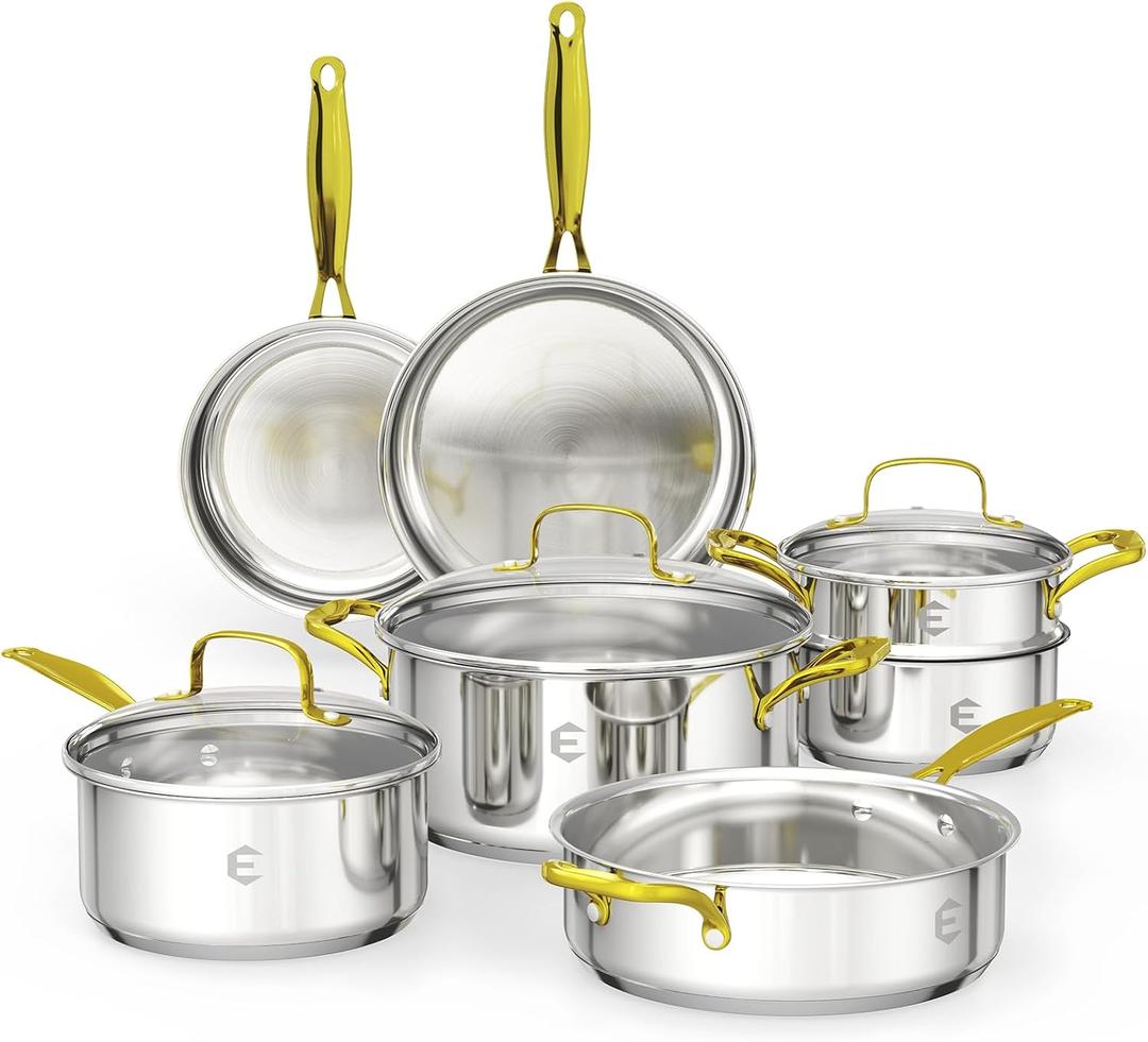 Stainless Steel Cookware Set, Tri-Ply Pots and Pans Set, 26 Piece Kitchen Cooking Utensils Set with Lids, Gold Grip Handles, Induction, Oven, Non-Toxic, Dishwasher Safe, Professional Chef Quality