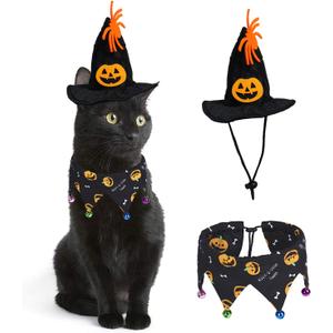 Rypet Cat Halloween Costume Halloween Cat Collar with Bells and Halloweens Pumpkin Hat Cats Costume Suit for Cats and Small Dogs