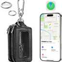 Universal Car Key Fob Key Finder Built-in Anti-Loss Tracker, Premium PU Leather Car Key fob Holder, Keychain Key Fob Cover with Double Layer, Transparent Window, Hook, More Key Rings (Black)