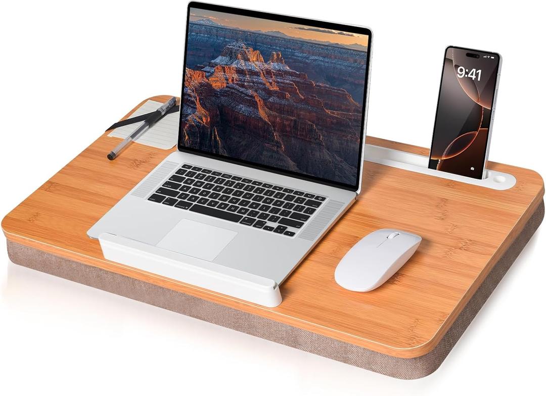 wishacc Oversized Bamboo Lap Desk with Phone/Tablet Slots & Cushion Pillow  Extra-Large Portable Laptop Stand for Home, Office, Bed, Car (Large 24*14 in, Wood)