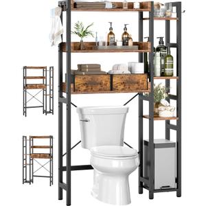 Over The Toilet Storage with 2 Drawers - 7 Tier Bathroom Organizer with Adjustable Shelf, Freestanding Space Saver Storage Rack Above Toilet Stand with 4 Hooks for Restroom, Laundry, Rustic Brown