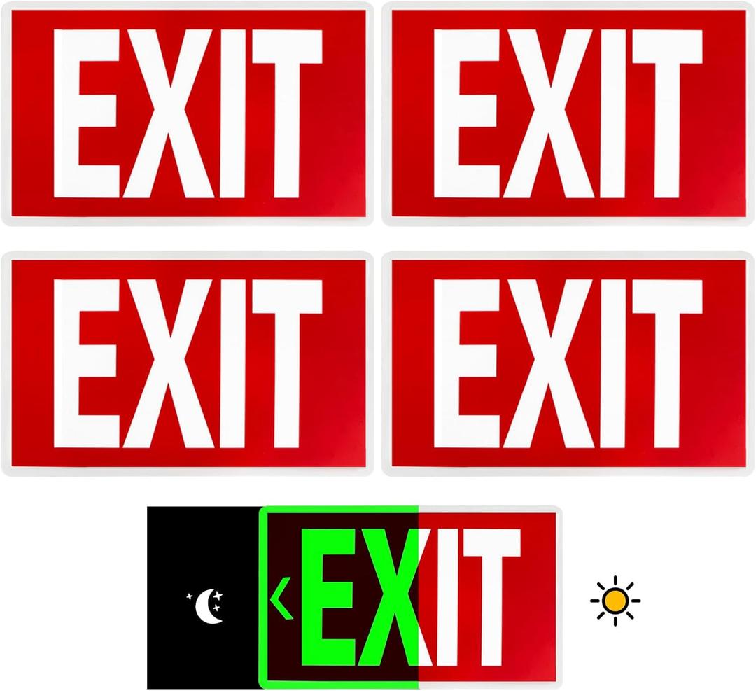 EXIT Sign - Glow In The Dark Photoluminescent EXIT Sign- 12"x7" Red With Adhesive Backing and Removable Directional Arrows Waterproof, Fade Resistant,4-Pack Exit Signs for Business