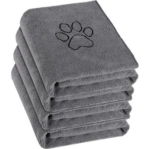 Chumia 4 Pack Dog Towels for Drying Large Microfiber Grooming Tools Absorbent Soft Bath Supplies with Embroidered Paw for Small Medium Pet Products(16 x 32 Inch,Gray)
