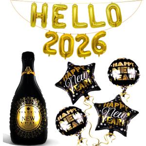 Hello 2026 Balloons Gold for New Years Decorations 2026 - Giant, 40 Inch Happy New Year Champagne Balloon | Happy New Year Balloons Foil, 2026 Balloon Numbers, New Years Eve Party Supplies 2026