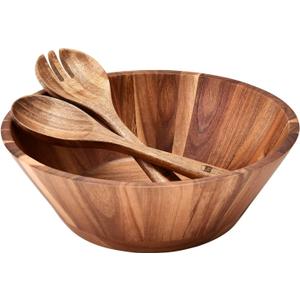 Wooden Salad Bowl, 12'' Acacia Wood Large Salad Bowl Set Big Salad Serving Bowl with Serving Utensils (Set of 3)