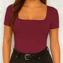 ForeFair Women's Square Neck Going Out Tops Double Lined Short Sleeve Basic Tight Tee Shirts (Red, XS)