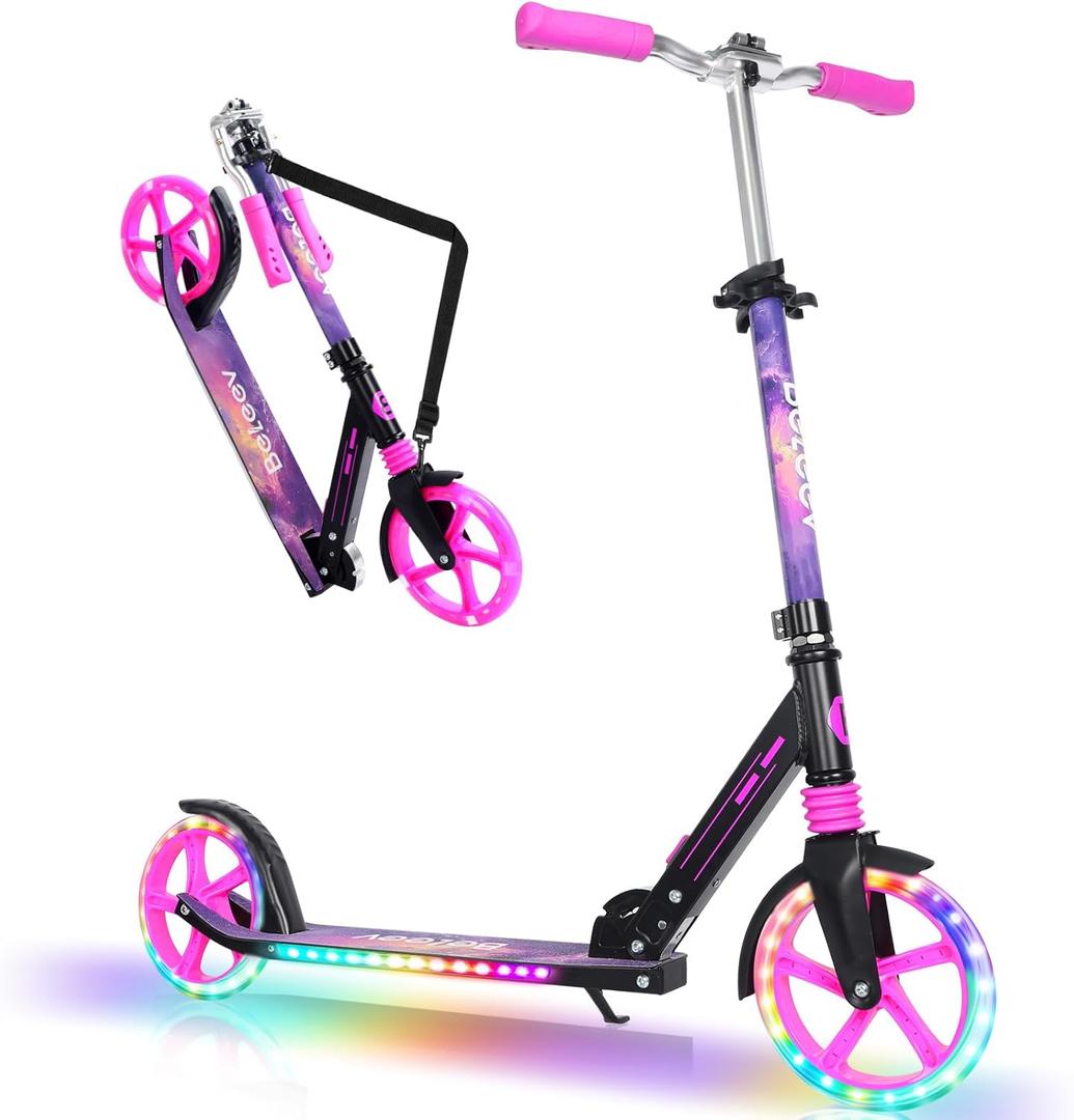 BELEEV V5 Plus Scooters for Kids Ages 6+, Teens with Light-Up Wheels & Deck, 2 Wheel Folding Lightweight Sport Scooter with 4 Adjustable Height, 8-inch Big Wheels, Carry Strap, Max Load 220 Lbs (Galaxy Purple)