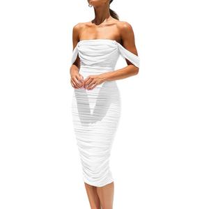 PRETTYGARDEN Wedding Guest Dress 2025 Summer Off Shoulder Ruched Elegant Sexy Bodycon Homecoming Cocktail Party Midi Dress M