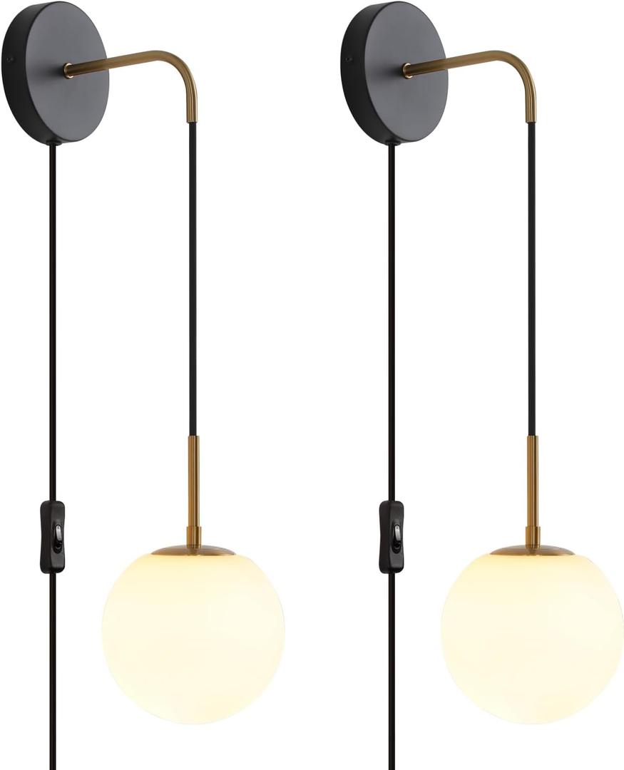 Plug in Wall Sconces Set of 2 Black and Brass Gold Wall Sconces Set of Two Plug in Hanging Wall Lamp with Plug in Cord with Globe White Glass Shade Vintage Wall Lights with Switch for Bedside