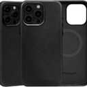 Unique Patina Leather Case for iPhone 15 Pro Black, Oil Wax Leather, Compatible with MagSafe, Slim Fit, Vintage Aesthetic, Metal Buttons and Camera Bezel for Men Women