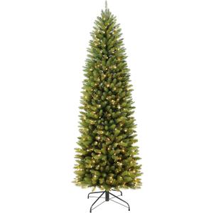 Puleo International 7.5ft Pre-Lit Slim Fraser Fir Christmas Tree with 350 Clear Lights, 1188 Realistic Dense Branch Tips, Easy Setup Artificial Trees with Sturdy Metal Stand