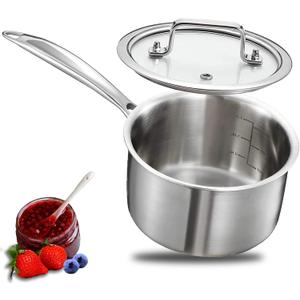 2 Quart Triple Stainless Steel Saucepan with Lid, Ramen Pot with Clear Glass Cover, Small Sauce Pan for Cooking Oatmeal, Induction-Ready, Dishwasher-Safe, Suitable for All Stoves