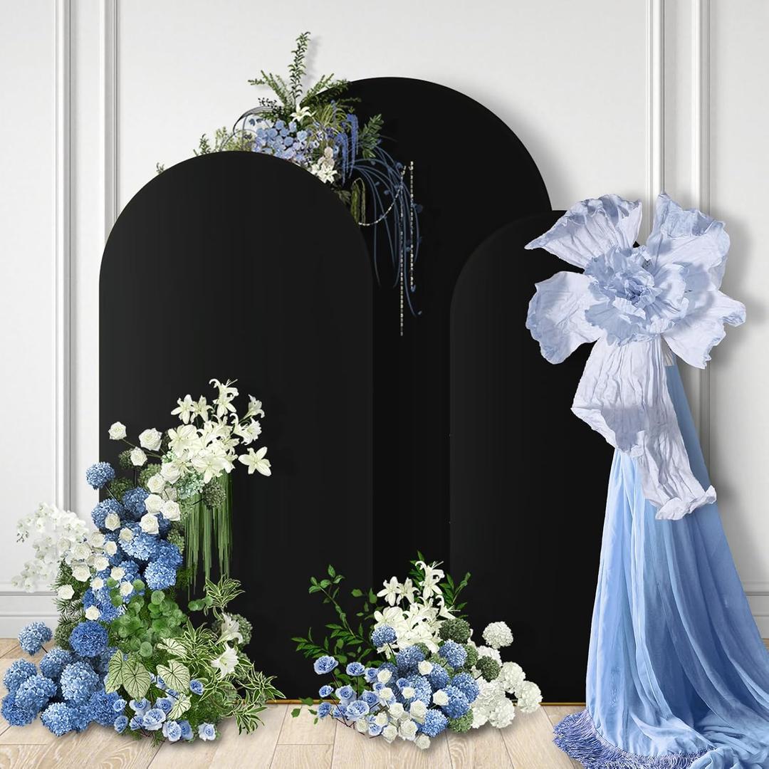 GOJAWAY 6FT/6.6FT/7.2FT Black Wedding Arch Cover Set of 3, Spandex Fitted Wedding Arch Stand Covers for Round Top Chiara Arch Background Stands Cover for Birthday Party Ceremony Banquet Decor