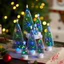 JOYIN 8 Pcs Mini Xmas Tree with LED Lights, Prelit Classic Small Christmas Decor in 4 Sizes with Star Topper, Tabletop Artificial Tree with Snow for Xmas Indoor Home Decor Holiday Festive (Green)