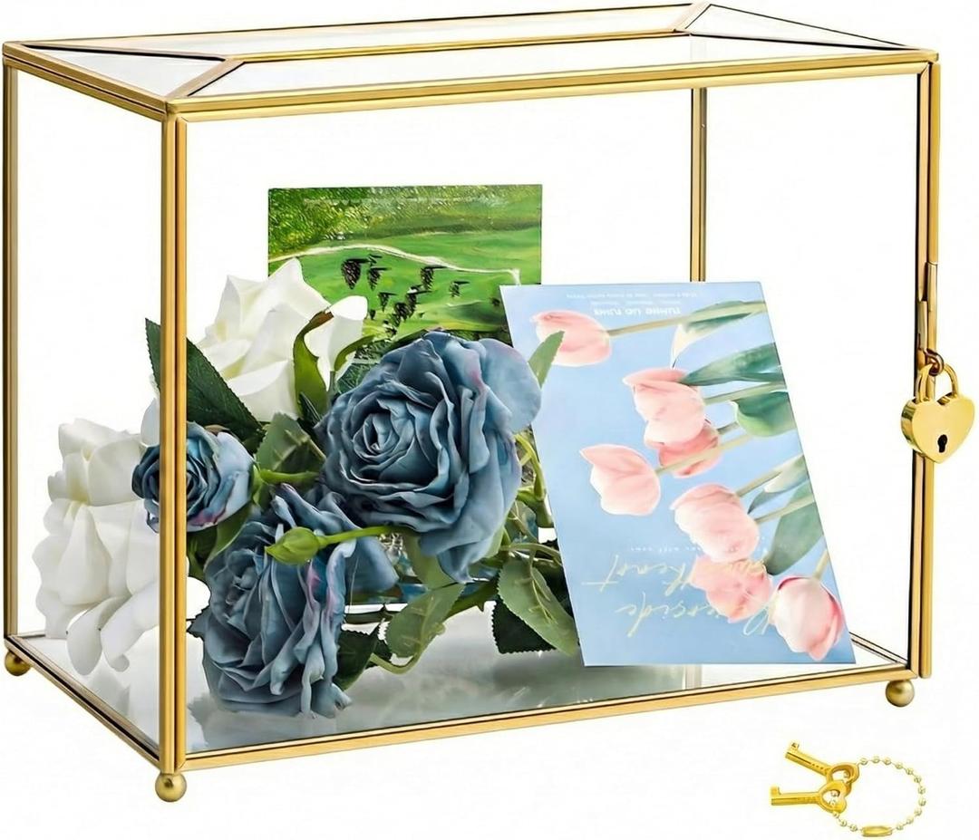 Glass Wedding Card Box with Lock and Slot, Large Gold Clear Card Box for Wedding Reception, Decorative Envelope Gift Box for Baby Shower, Birthday, Graduation, Anniversary, Bridal Shower