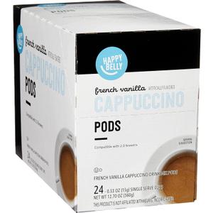 Amazon Brand - Happy Belly Cappuccino Coffee Pods Light Roast Compatible with 2.0 K-Cup Brewers, French Vanilla Flavored, 24 Count, 1.5 pound (Pack of 1), Best By: 28 Mar 2026