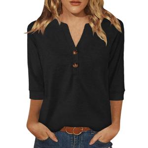 Dimur Womens Tops 3/4 Sleeve V Neck Button Down Shirts Business Casual Outfits Basic Tees Summer Top 2026 (Medium, Black)
