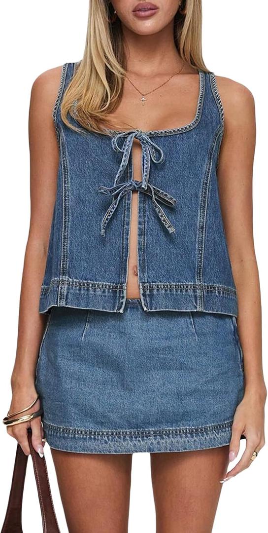 Womens Tie Front Sleeveless Denim Vest and Mini Jean Skirt Two Piece Sets Summer Trendy Going Out Outfits (Blue, XL)