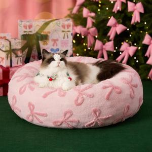 LE SURE Donut Cat Beds for Indoor Cats - Round Small Dog Bed Calming Christmas Bed Gift for Pets, Cute Modern Beds with Jacquard Shaggy Plush & Anti Slip Bottom, 20 Inch, Pink Taffy