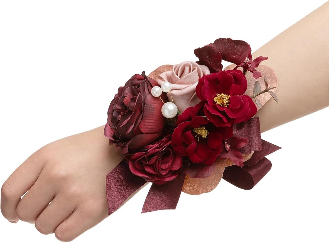 Ling's moment 6pcs Wedding Wrist Corsage Artificial Flowers, Girl/Mother Homecoming Prom Corsages Wristlet Decor,  Burgundy Dusty Rose