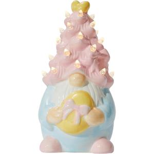 WDS WONDROUS Easter Decorations Lighted Gnome Figurine, Ceramic Battery Operated LED Easter Decor with Pink Hair Holding Egg, Spring Home Decor, Table Centerpiece, Indoor Gnome Decorations